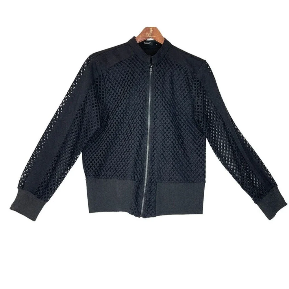 Women’s Small Black Mesh Lined Bomber Jacket Full Zip Long Sleeve